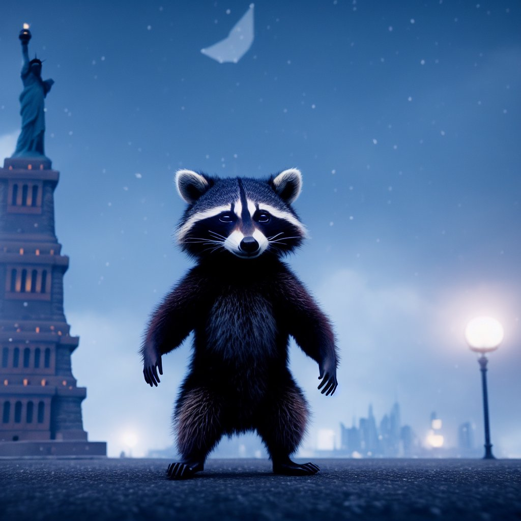 Енот и снежинки